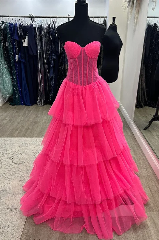 mermaid prom dressesHot Pink Strapless Layers Tulle A-line Long Prom Dress