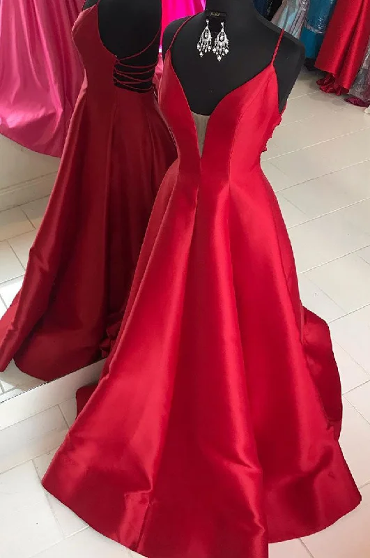 sleeveless prom dressesRed Satin Long Prom Dress with Cross Back