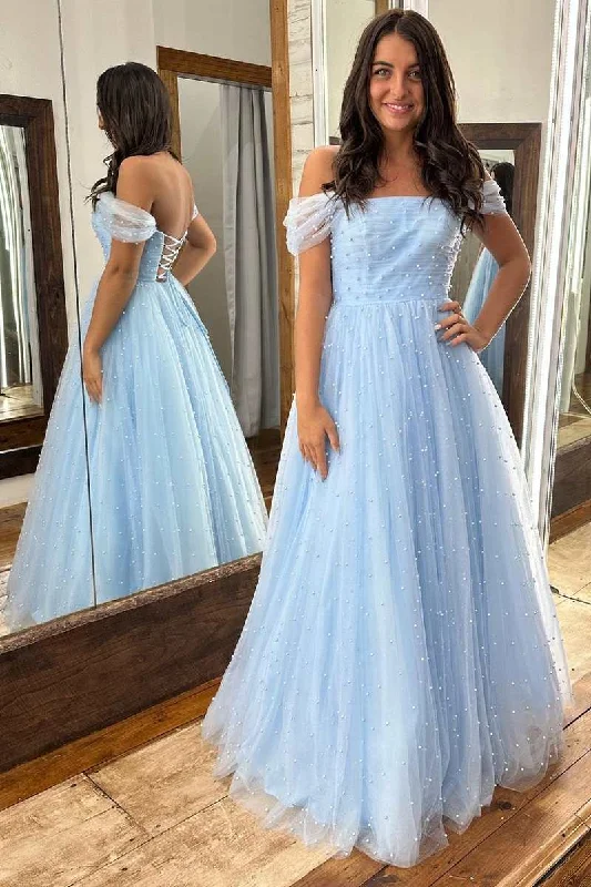 satin prom dressesLight Blue Tulle Pearls Off-the-Shoulder Lace-Up A-Line Prom Gown