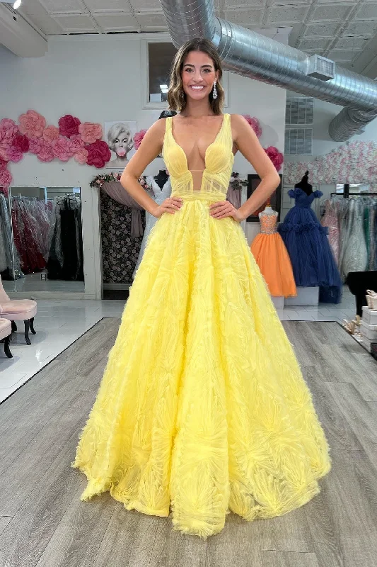 prom dresses with pocketsYellow Plunging V Neck Lace-Up Ruffles Long Prom Dress