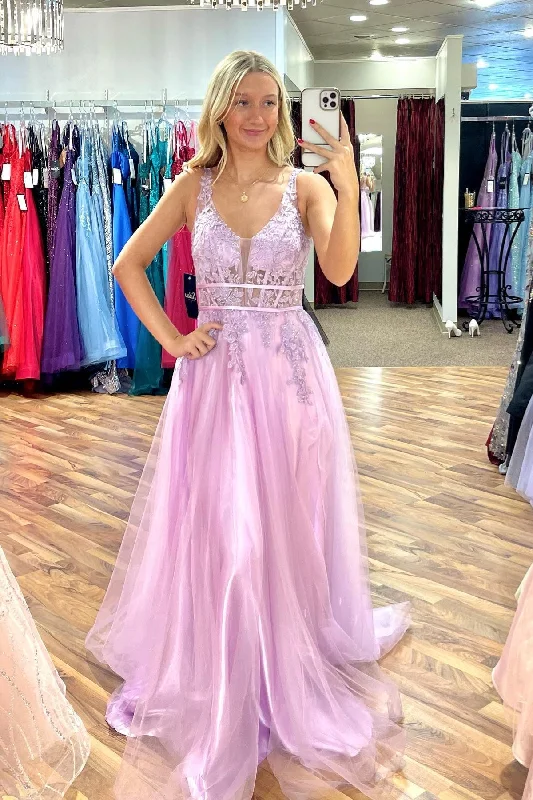 illusion sleeve prom dressesLilac A-line V Neck Beaded Appliques Sleeveless Tulle Long Prom Dress