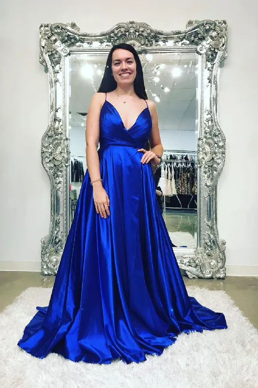 flowy prom dressesV Neck Royal Blue Long Prom Dress with Straps