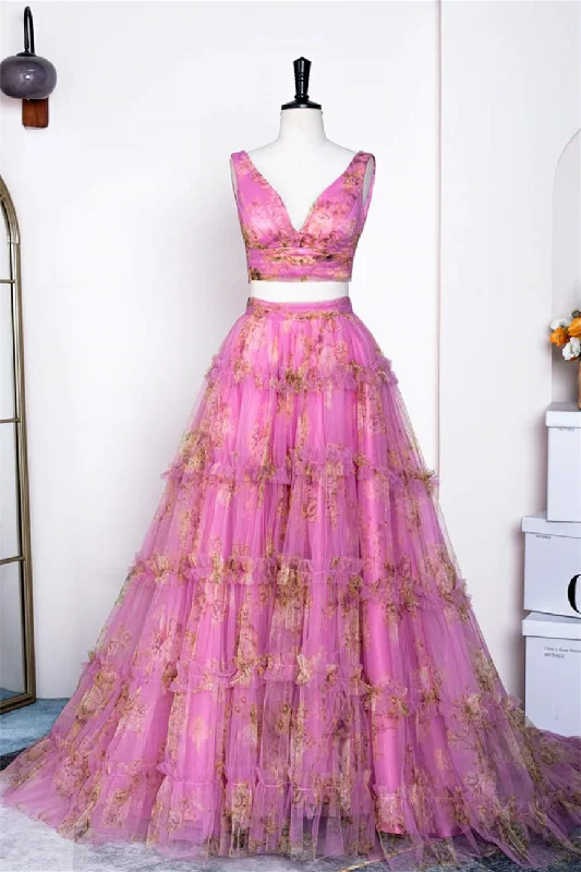 sweetheart neckline prom dressesPink Floral Two-Piece Ruffled Bow Tie Back A-line Long Prom Dress