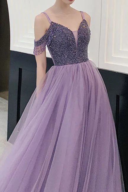 long prom dressesElegant Cold Shoulder Beaded Lavender Long Prom Dress