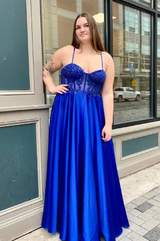 bespoke prom dressesRoyal Blue Spaghetti Straps Floral Satin Long Prom Dress