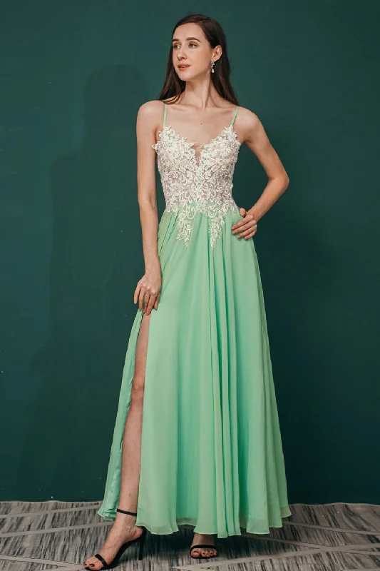 plus-size prom dressesMint Green Chiffon Spaghetti Straps A-line Long Prom Dress