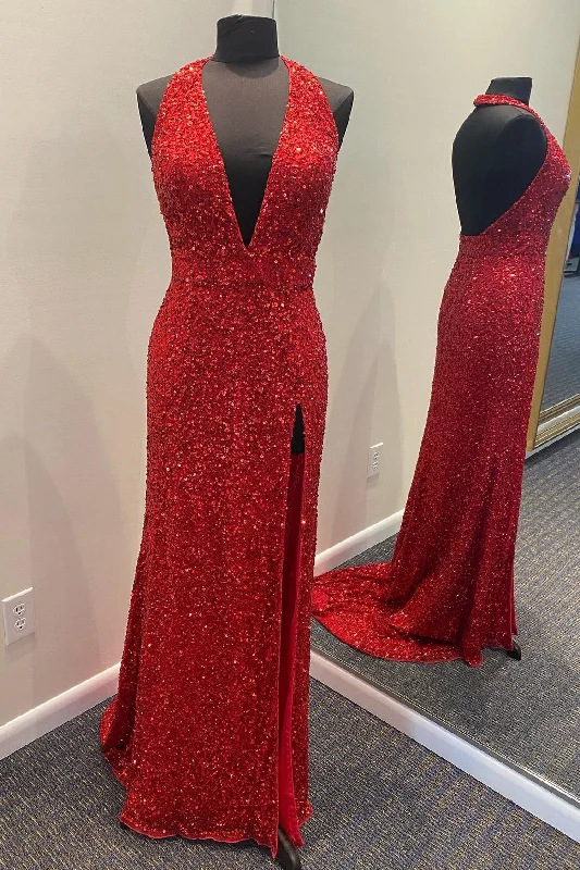 prom dresses with pocketsSimply Red Sequin Mermaid Long Prom Dress with Slit