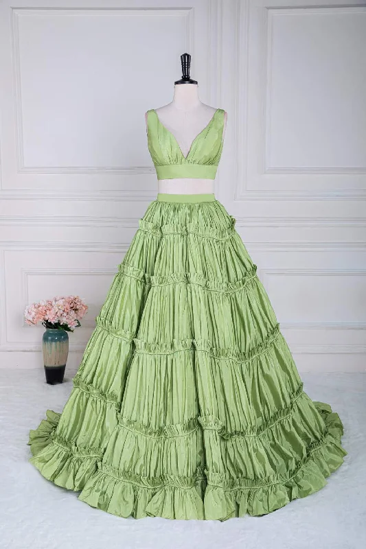 prom dress color trendsGreen Two-Picec Ruffled A-line Long Prom Dress