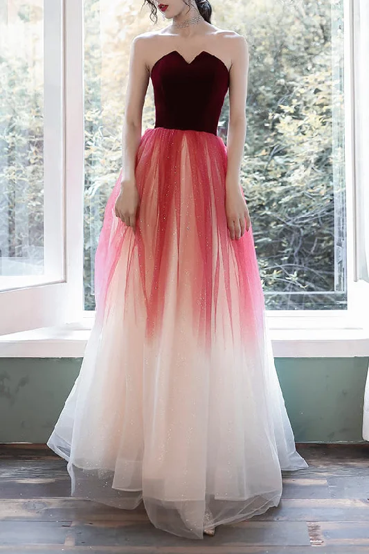 tulle prom dressesElegant Strapless Multi-Colored Long Prom Dress