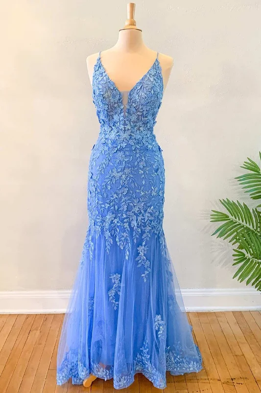 prom dresses with trainsBlue Floral Appliques Backless Mermaid Long Prom Dress