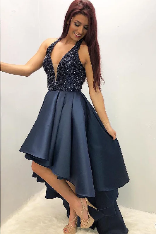 prom dresses with illusion panelsHi-Low Navy Blue Prom Dress with Beaded Top