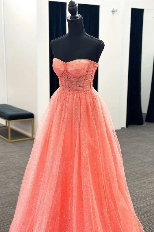 chiffon prom dressesCoral Tulle Strapless A-Line Long Prom Dress