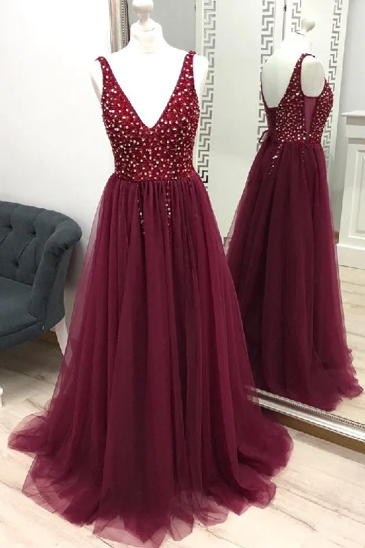 animal print prom dressesV-Neck Beaded Long Tulle Burgundy Prom Dress