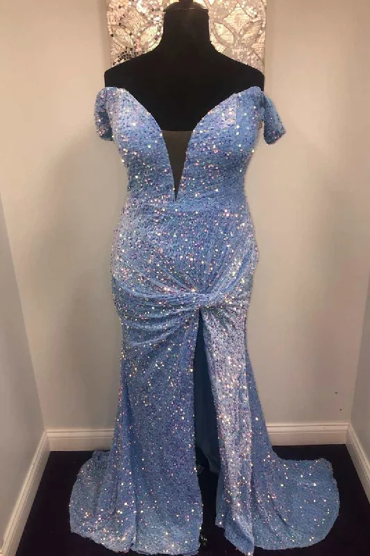 floral prom dressesBlue Sequin Off-the-Shoulder Twist-Front Mermaid Long Prom Dress