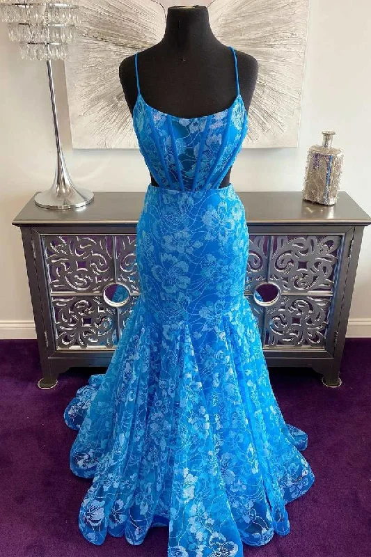 metallic prom dressesBlue Floral Lace Backless Trumpet Long Prom Gown