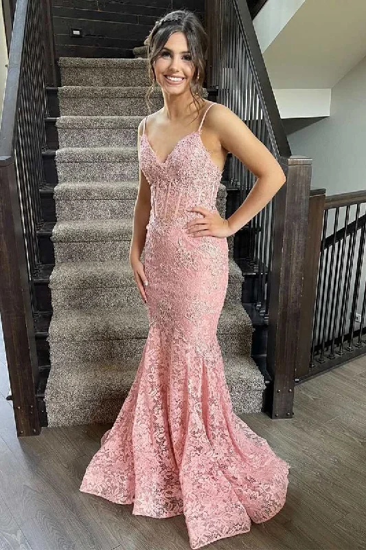 luxury prom dressesPink Floral Lace V-Neck Trumpet Long Prom Dress