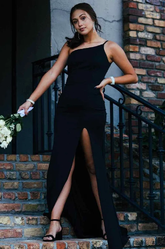 prom dresses for short girlsOne Shoulder Black Flattering Long Prom Dress with Slit