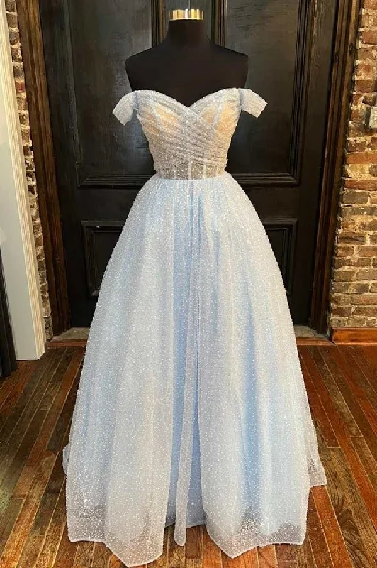 short prom dressesSparkle Light Blue Off-the-Shoulder A-Line Prom Gown