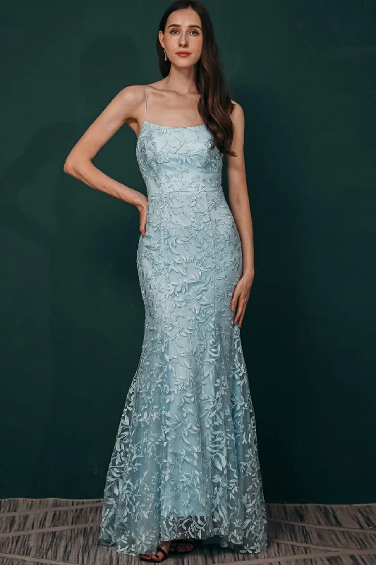 flowy prom dressesMermaid Light Blue Appliques Long Prom Dress