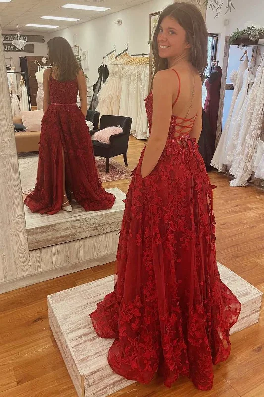 beaded prom dressesRed Appliques Round Neck Lace-Up A-Line Prom Gown with Slit