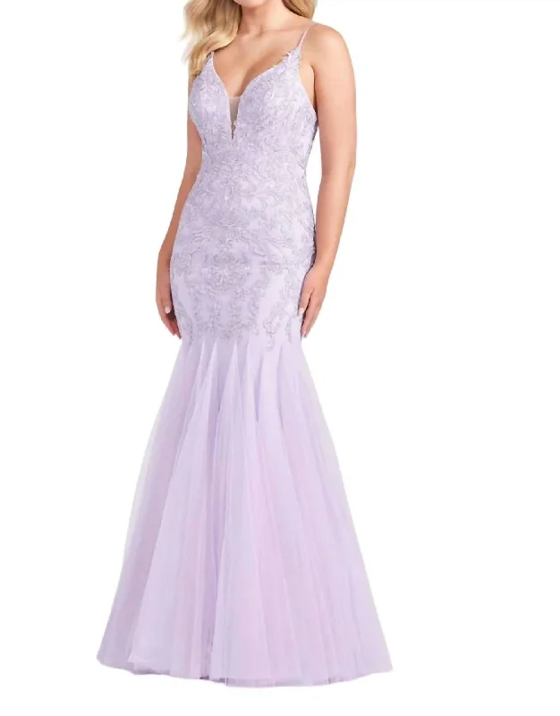 modern prom dressesEmbroidered Tulle Plunge V-Neck Prom Dress In Lilac