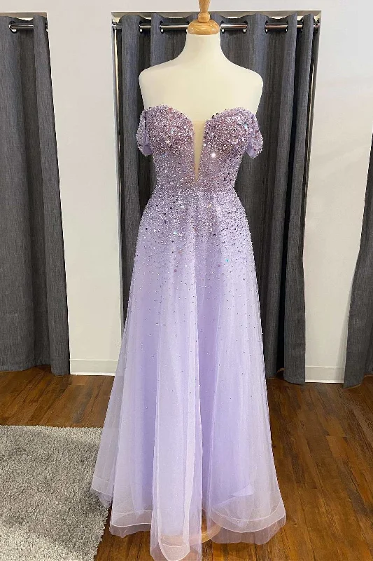 prom dress preservationShiny Lavender Sequin Off-the-Shoulder A-Line Prom Gown