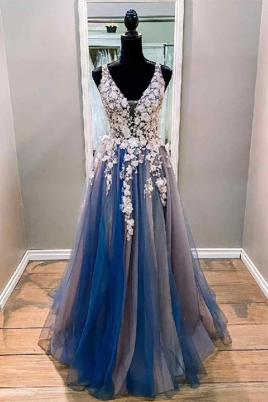 prom dresses with pocketsV-Neck White and Blue Prom Dress with Appliques