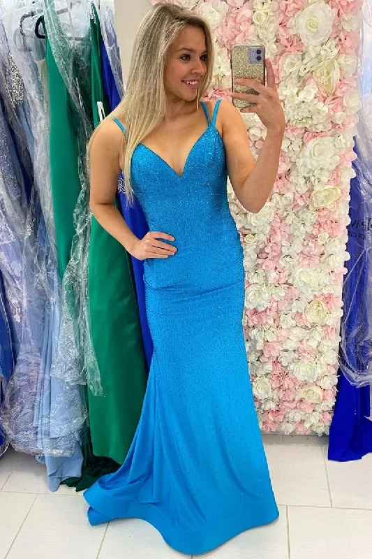 sparkly prom dressesBlue Mermaid Beaded Long Prom Dress