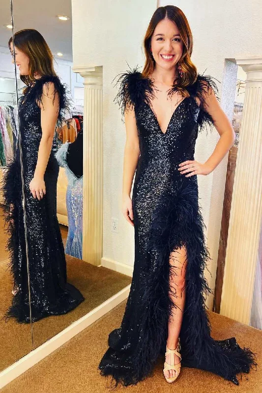 glamorous prom dressesBlack Sequin Feather V-Neck Mermaid Long Prom Dress with Slit