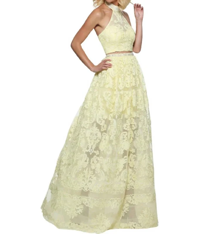 off-the-shoulder prom dressesTwo-Piece High-Neck Prom Dress In Yellow