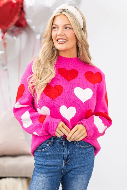 Fitted Cashmere SweatersPink Heart Pattern Intarsia Sweater