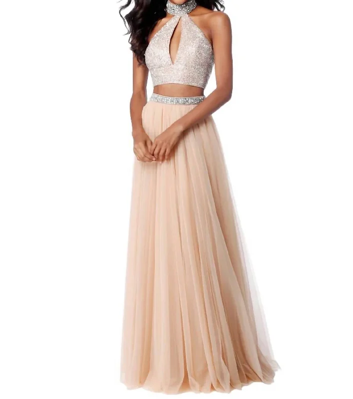 off-shoulder prom dressesTwo-Piece Beaded Keyhole Prom Dress In Nude