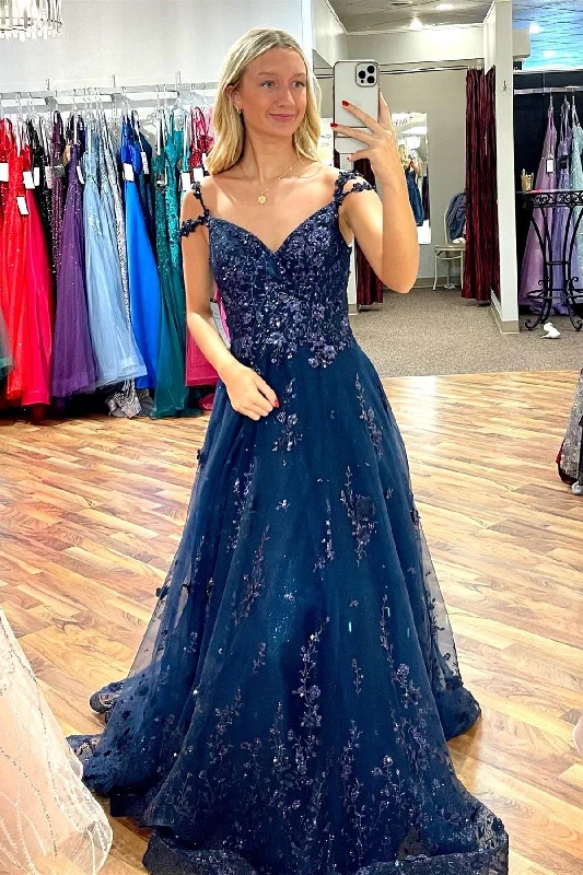 classic prom dressesDark Navy Flower Straps Off-the-Shoulder Beaded Appliques Long Prom Dress