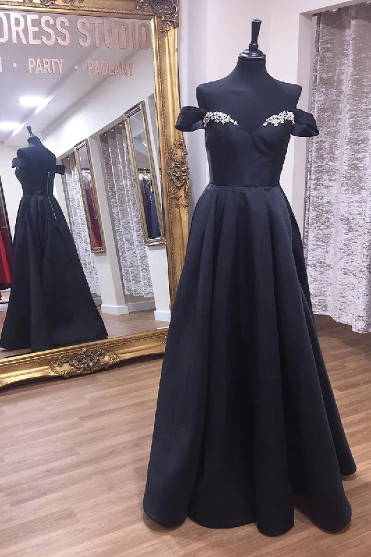 flutter sleeve prom dressesOff Shoulder A-Line Black Long Prom Dress with Beading Top