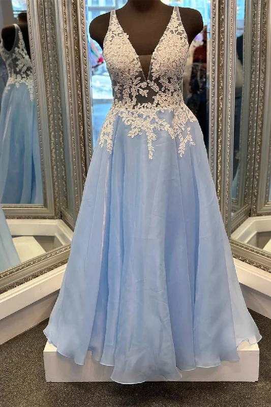 prom dresses with lace appliquésLight Blue Floral Lace V-Back A-Line Long Prom Dress