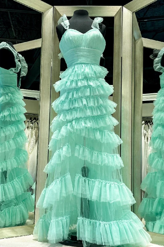 open-back prom dressesMint Green Ruffle Straps A-line Multi-Layers Long Prom Dress