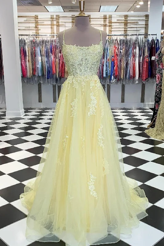 spaghetti strap prom dressesElegant Appliques Lace-Up Back A-Line Yellow Long Prom Dress