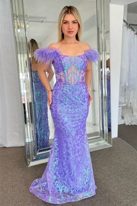 ball gown prom dressesLavender Off-the-Shoulder Mermaid Sequined Long Prom Dress with Feathers