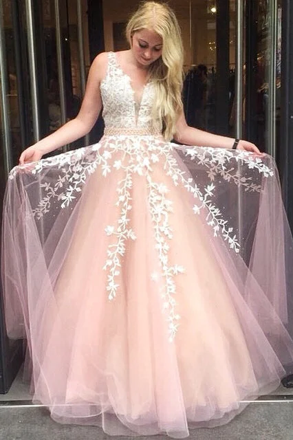 ball gown prom dressesPrincess A-line Pink Long Prom Dress with White Lace Appliques