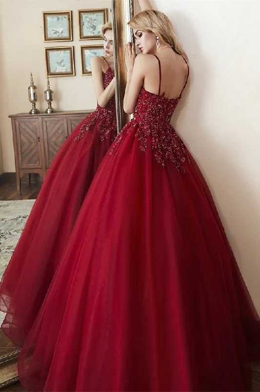 ball gown prom dressesElegant Straps Lace-Up Back Beaded Red Long Prom Dress