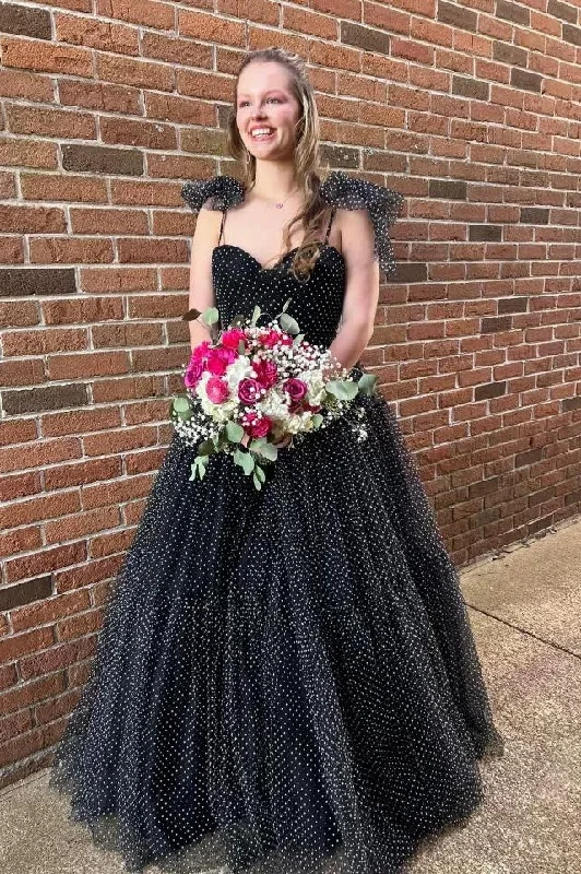 prom dresses with sequin detailingBlack Bow Tie Shoulder Dot Tulle A-line Long Prom Dress