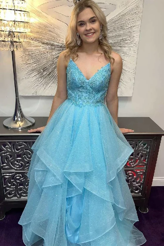 luxury prom dressesBlue V-Neck Multi-Tiered A-Line Prom Gown