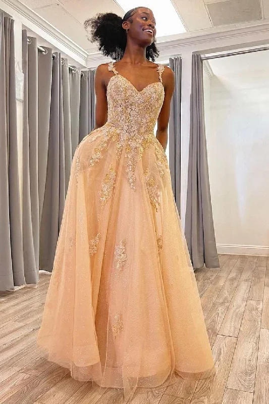 elegant prom dressesTulle Floral Appliques Sweetheart A-Line Prom Dress