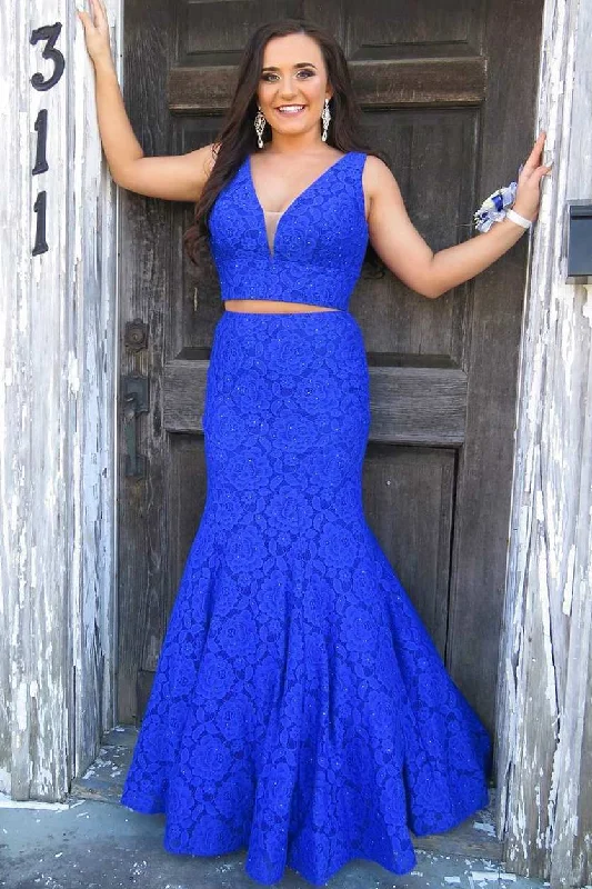 pastel prom dressesTwo Piece Royal Blue Lace Long Prom Dress