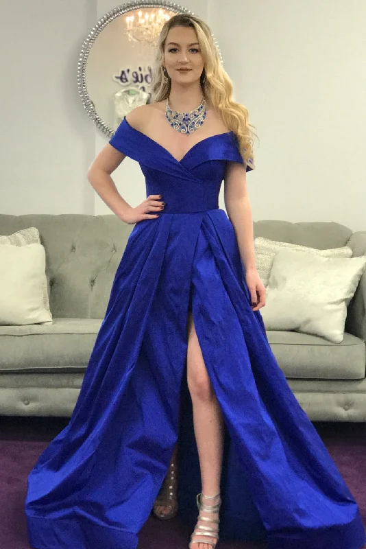 prom dress alterationsOff the Shoulder Royal Blue Long Prom Dress with Side Slit