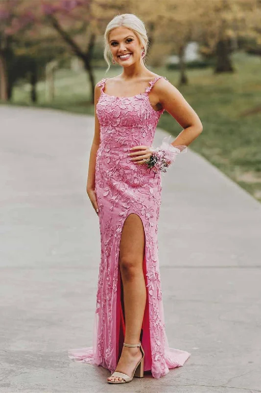 lace-up prom dressesElegant  Fuchsia Appliqued Prom Dress with Side Slit