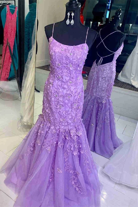 prom dresses with floral embroideryStraps Lavender Lace Appliques Mermaid Prom Dress