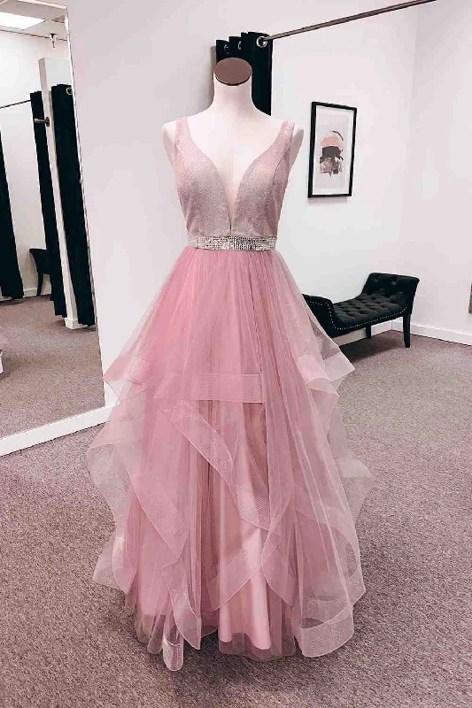 flowy prom dressesPink A-line V Neck Tulle Layers Long Prom Dress with Bleaded Sash