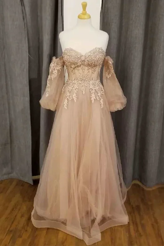 prom dresses with sequin detailingChampagne Tulle Lace Sweetheart A-Line Prom Dress with Puff Sleeves