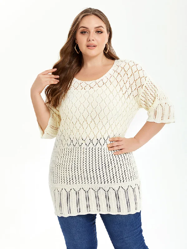 Retro Crewneck SweatersPointelle Knit Round Neck Sweater